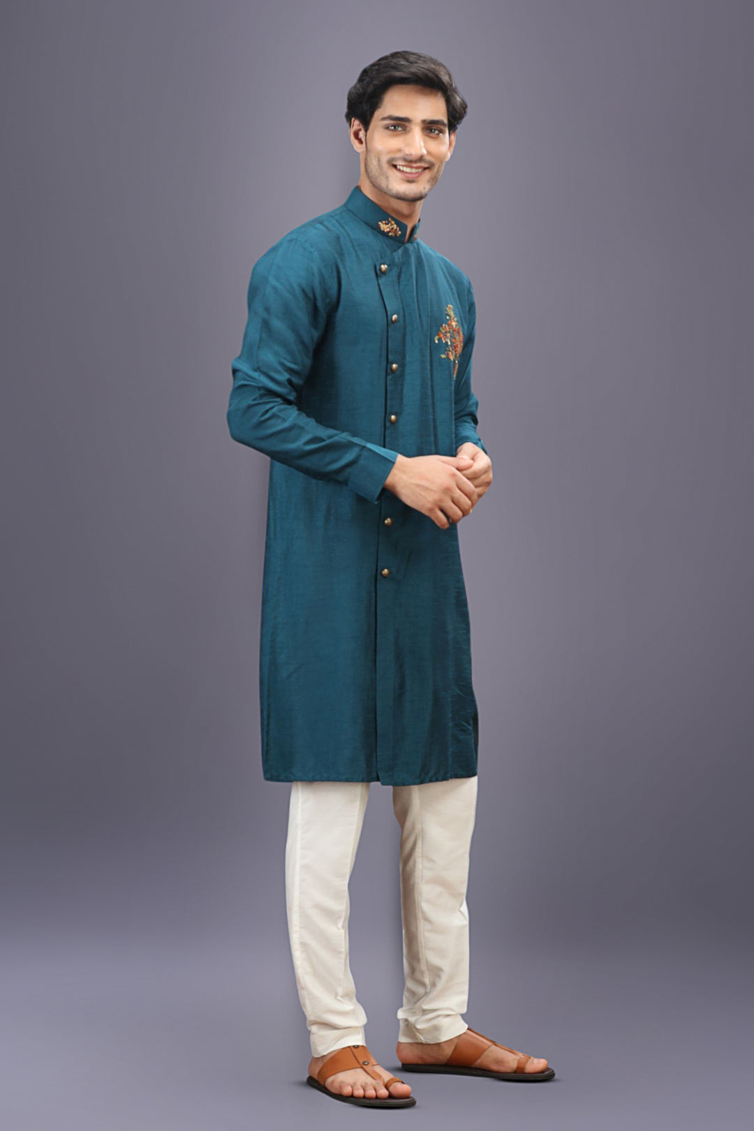 Rama Green Embroidered Kurta Set with Aligarhi Pants