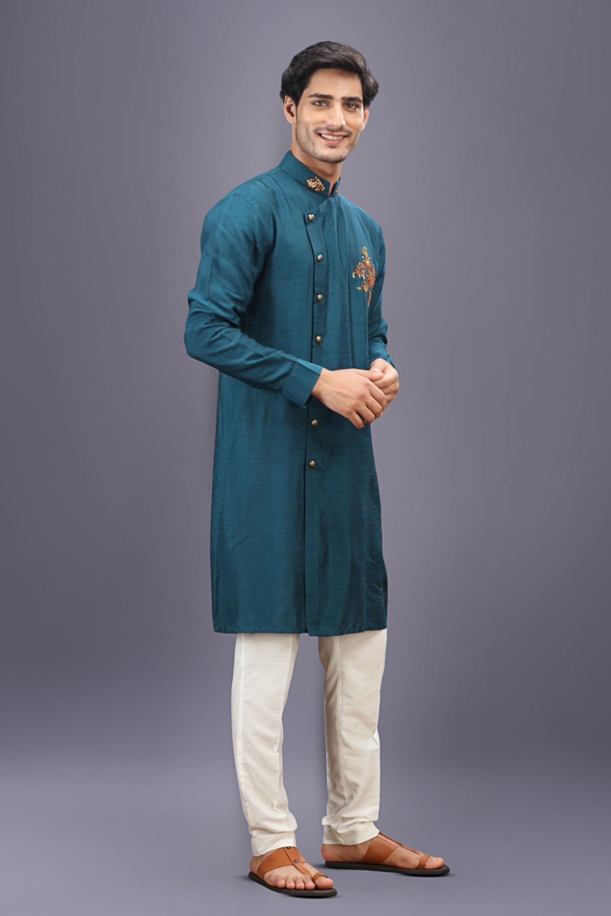 Rama Green Embroidered Kurta Set with Aligarhi Pants