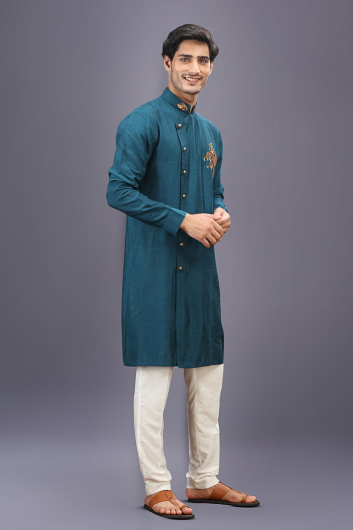 Rama Green Embroidered Kurta Set with Aligarhi Pants
