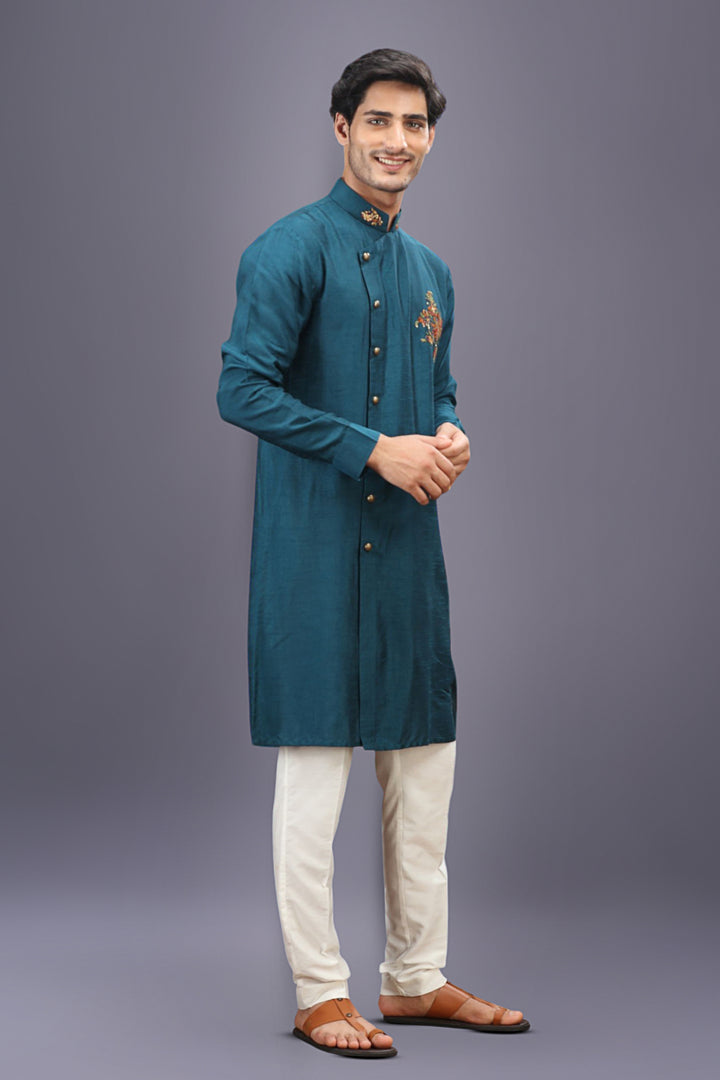 Rama Green Embroidered Kurta Set with Aligarhi Pants