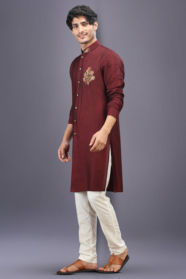 Wine Embroidered Kurta Set with Off-White Aligarhi