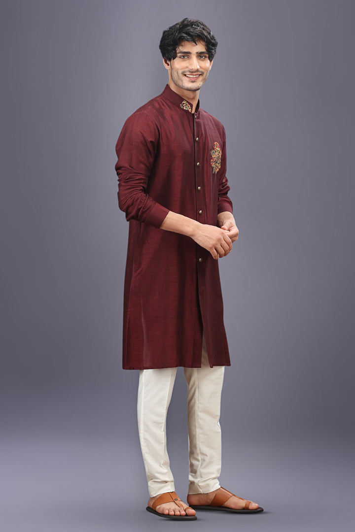 Wine Embroidered Kurta Set with Off-White Aligarhi