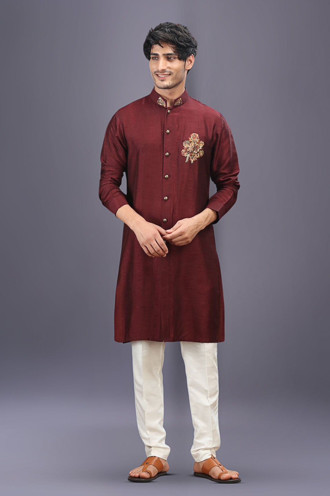 Wine Embroidered Kurta Set with Off-White Aligarhi