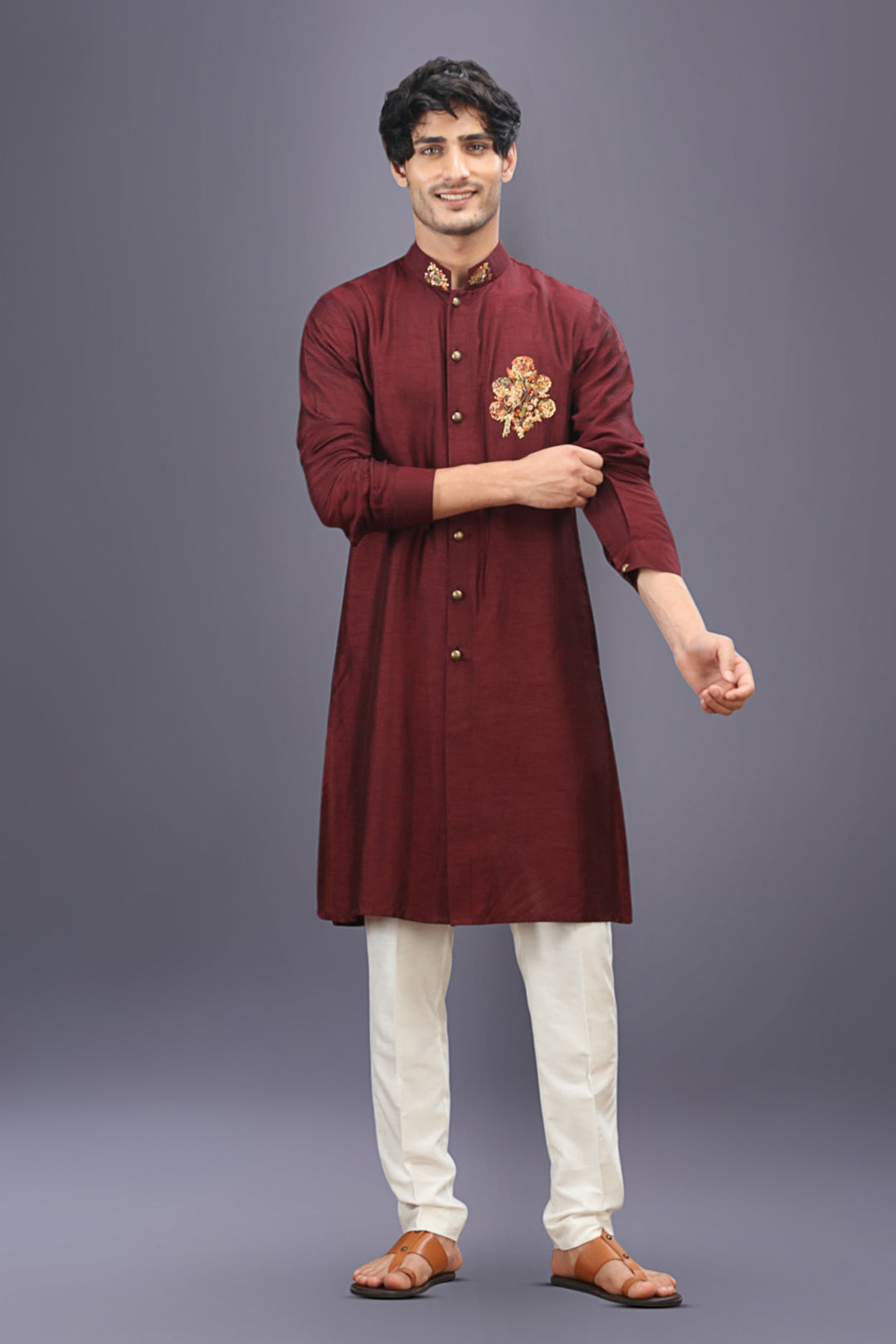 Wine Embroidered Kurta Set with Off-White Aligarhi