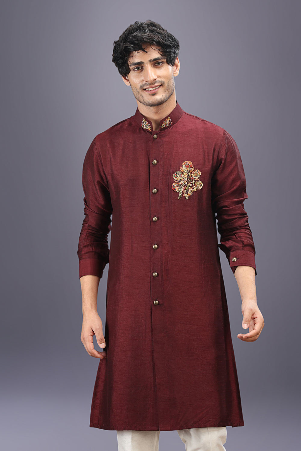 Wine Embroidered Kurta Set with Off-White Aligarhi