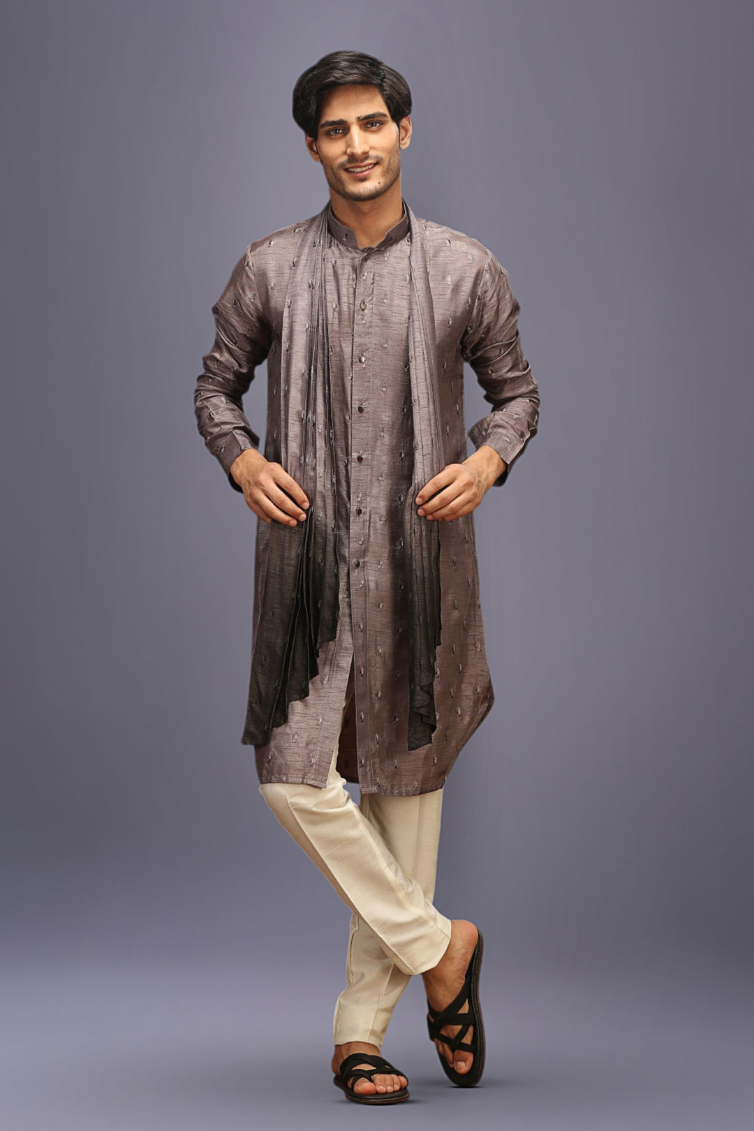 Grey Mysore Silk Kurta Set with Embroidery and Ombre Dupatta