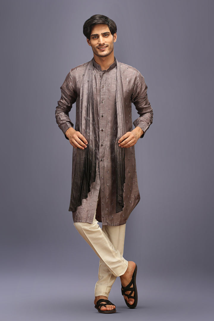 Grey Mysore Silk Kurta Set with Embroidery and Ombre Dupatta