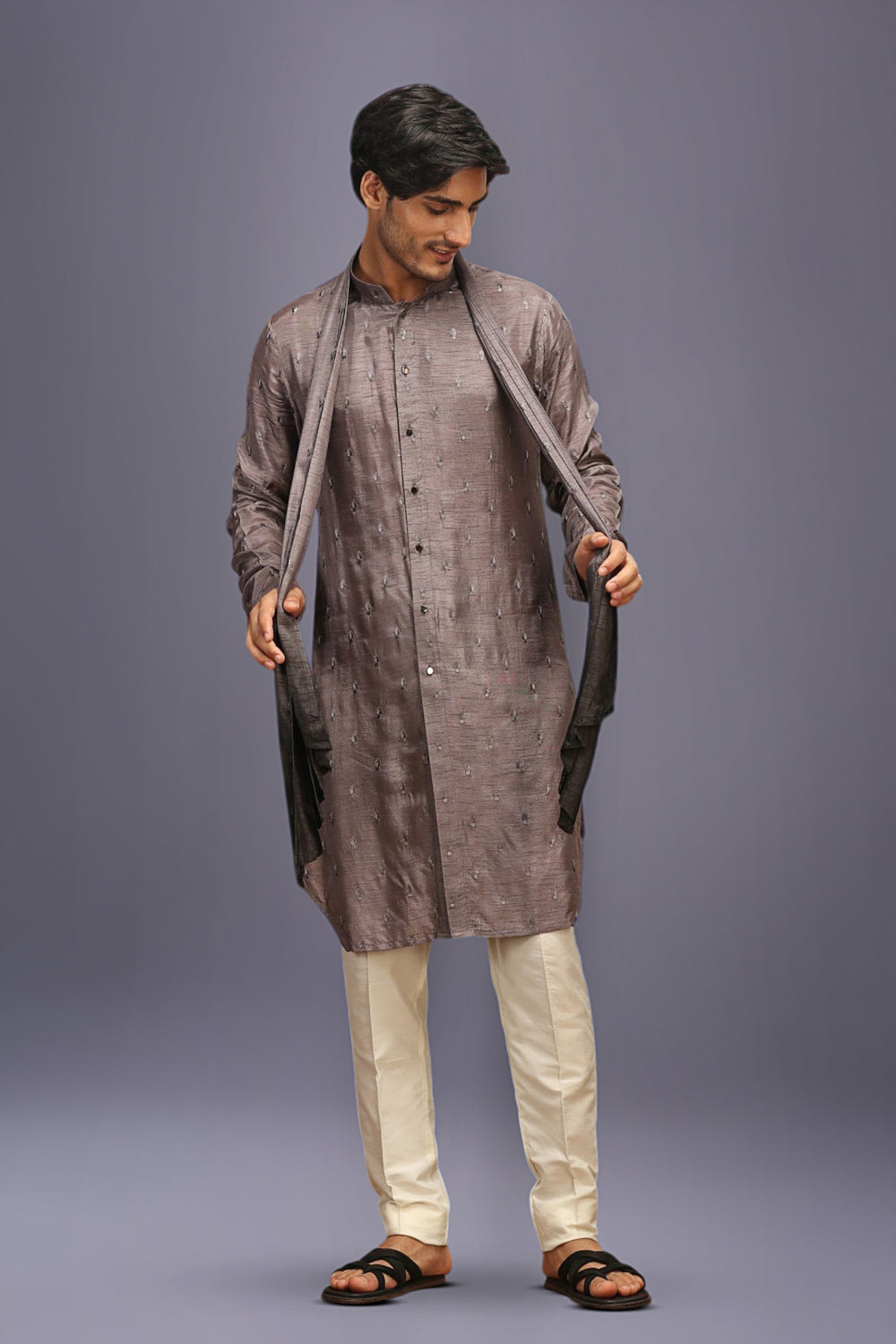 Grey Mysore Silk Kurta Set with Embroidery and Ombre Dupatta