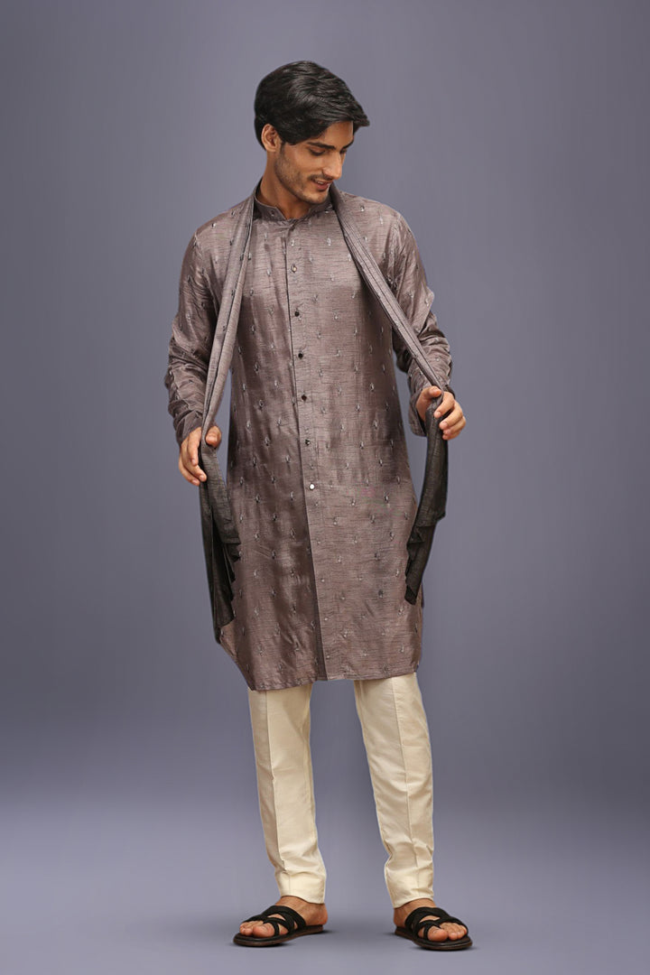 Grey Mysore Silk Kurta Set with Embroidery and Ombre Dupatta