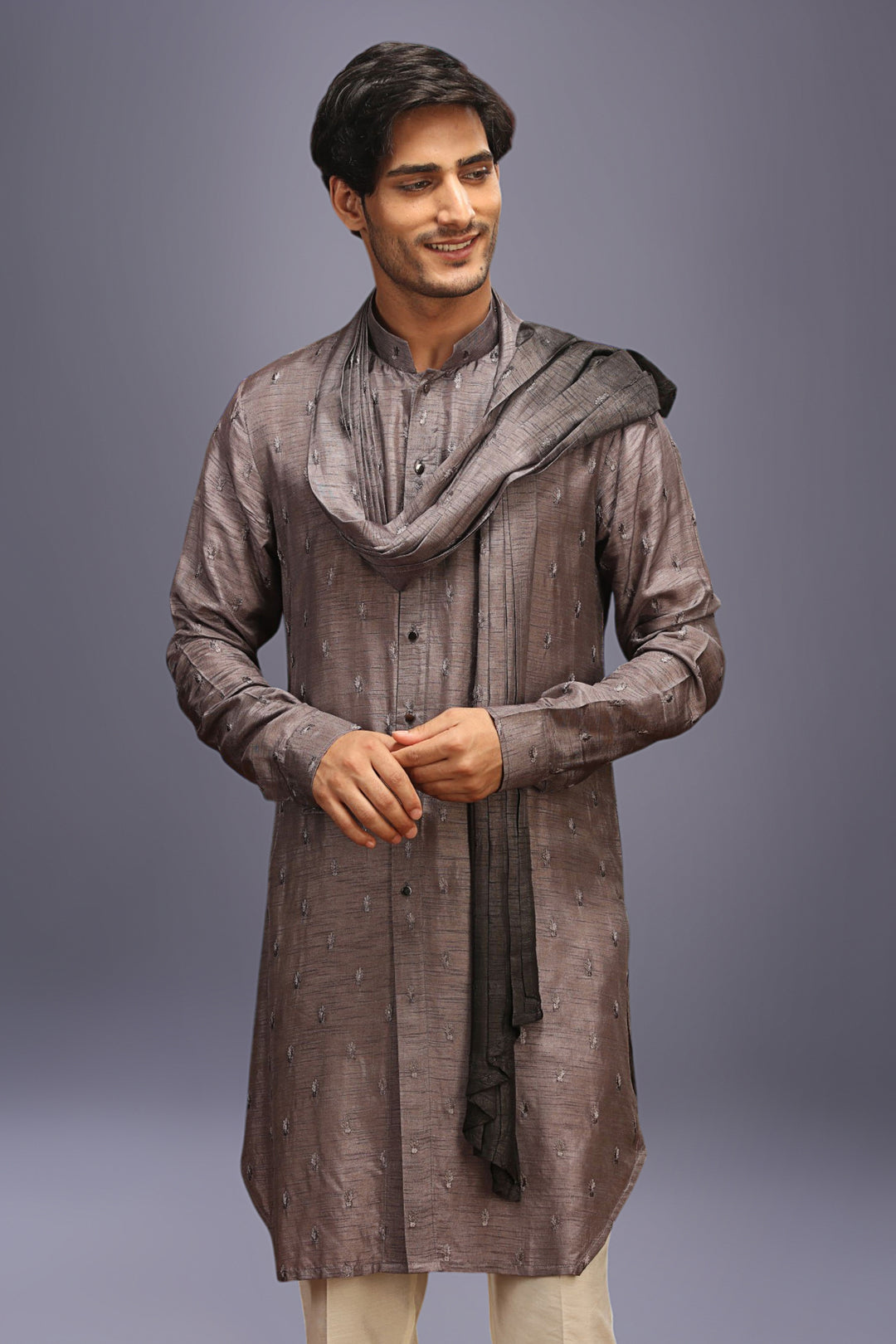 Grey Mysore Silk Kurta Set with Embroidery and Ombre Dupatta