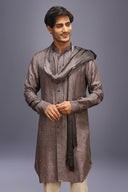 Grey Mysore Silk Kurta Set with Embroidery and Ombre Dupatta
