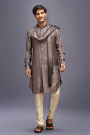 Grey Mysore Silk Kurta Set with Embroidery and Ombre Dupatta