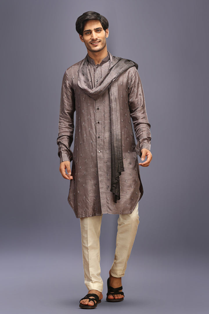 Grey Mysore Silk Kurta Set with Embroidery and Ombre Dupatta