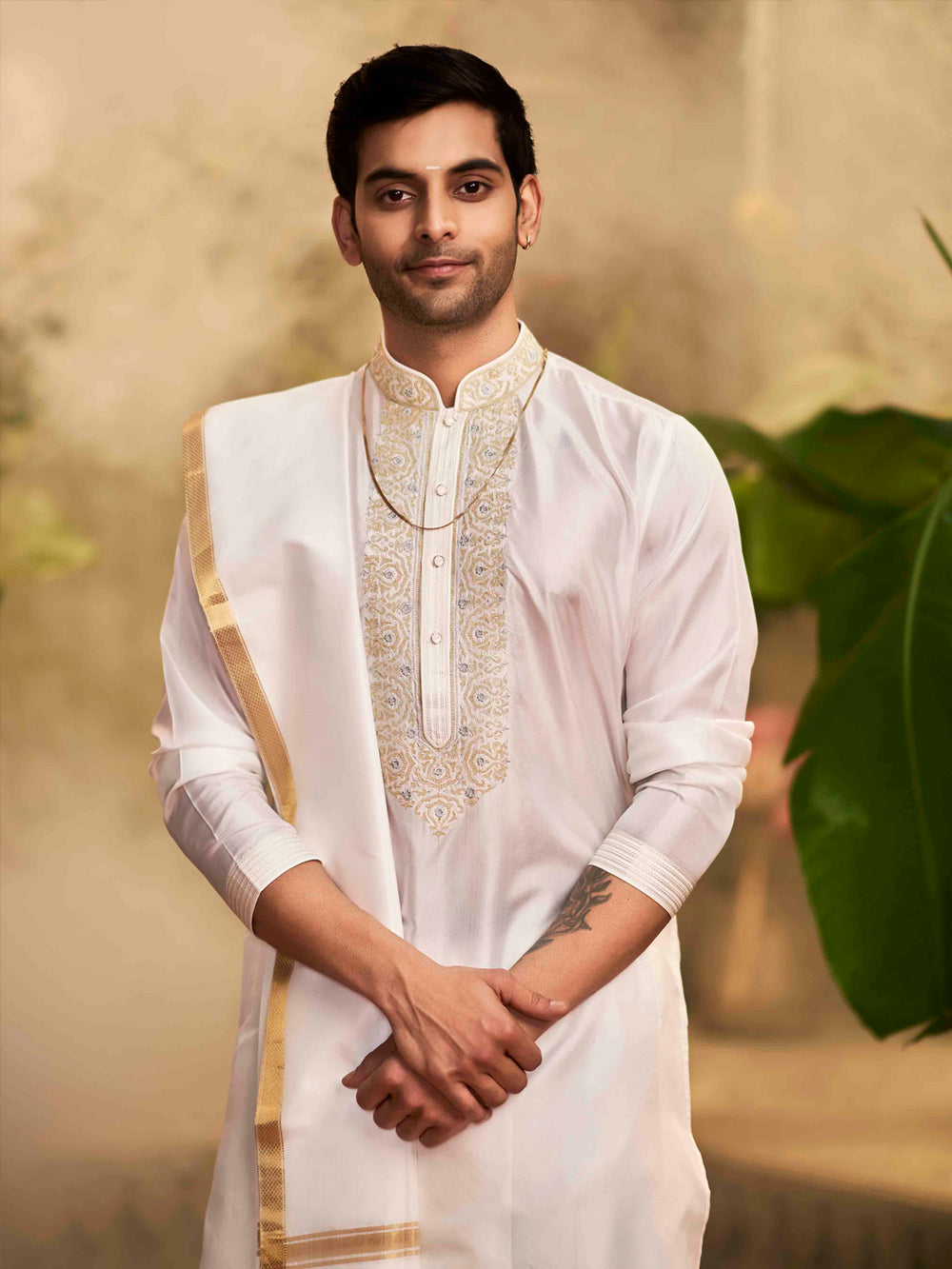 Muhurtham set with Chandan gold on Kurta, Dupatta, and Dhoti - KORANM