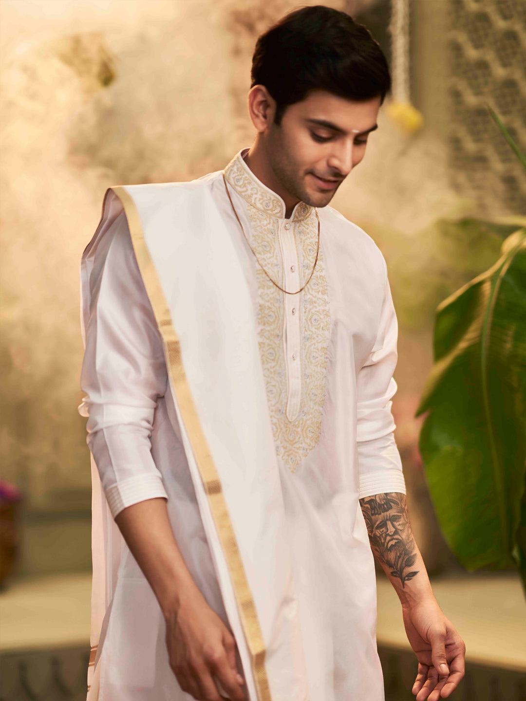 Muhurtham set with Chandan gold on Kurta, Dupatta, and Dhoti - KORANM