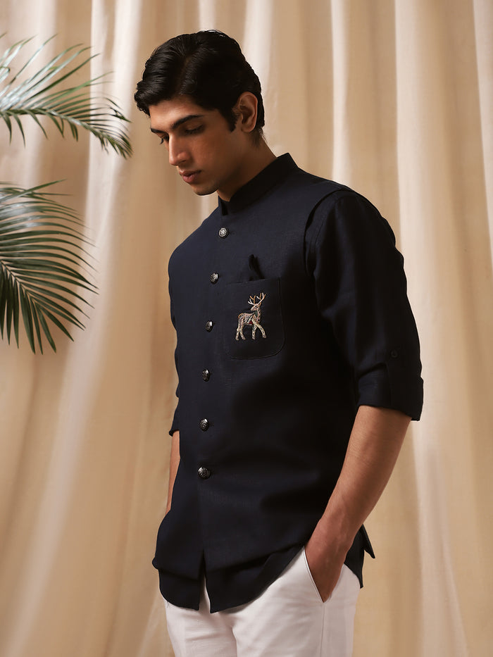 Navy Blue Embroidered Linen Bandi Shirt for Men - KORANM