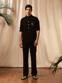 Black Linen Embroidered Bandishirt 
