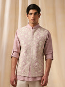 Pink Embroidered Linen Bandi Shirt for Men
