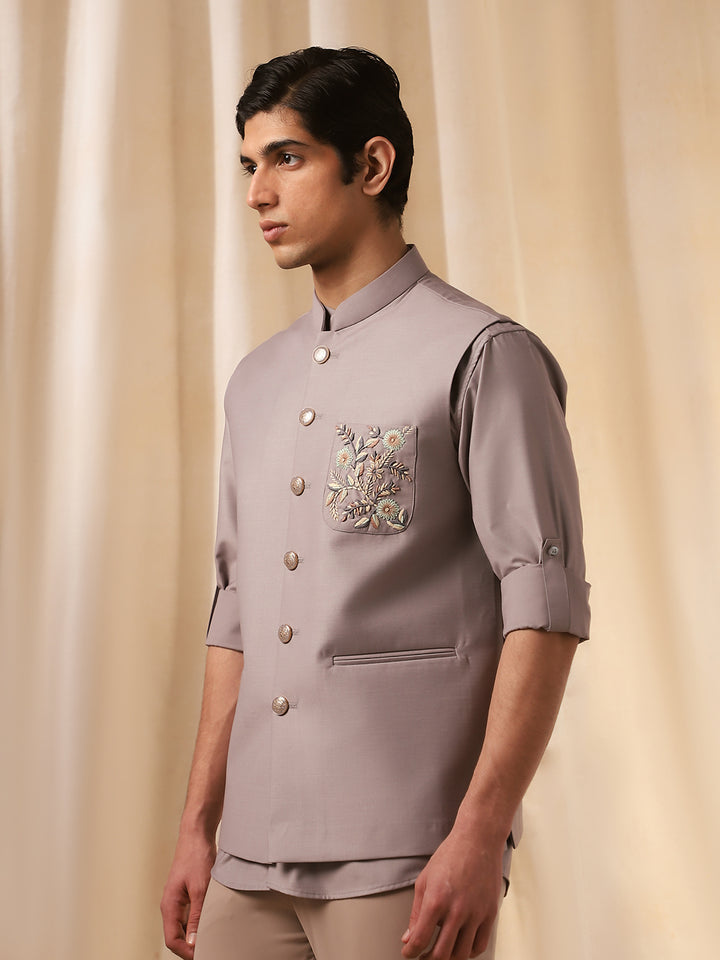 Grey Terry rayon  Embroidered Bandi  with Shirt for Men