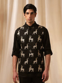 Black Linen Embroidered Full Sleeve Bandi Shirt