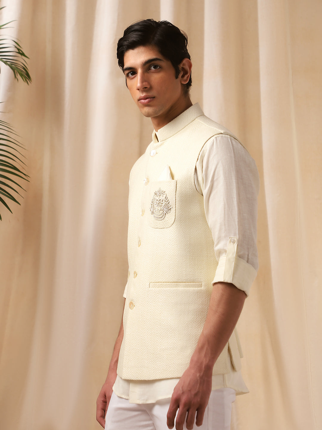 Cream Linen Embroidered Bandi with Matka Silk Shirt