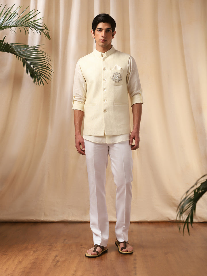 Cream Linen Shirt with Embroidered Silk Bandi