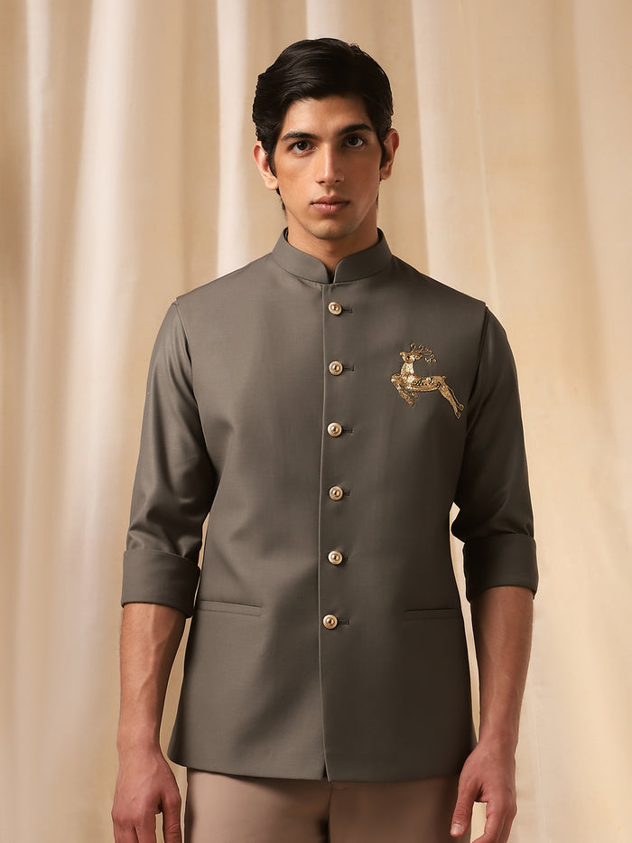 Olive Terry rayon Embroidered Full Sleeve Bandi Shirt