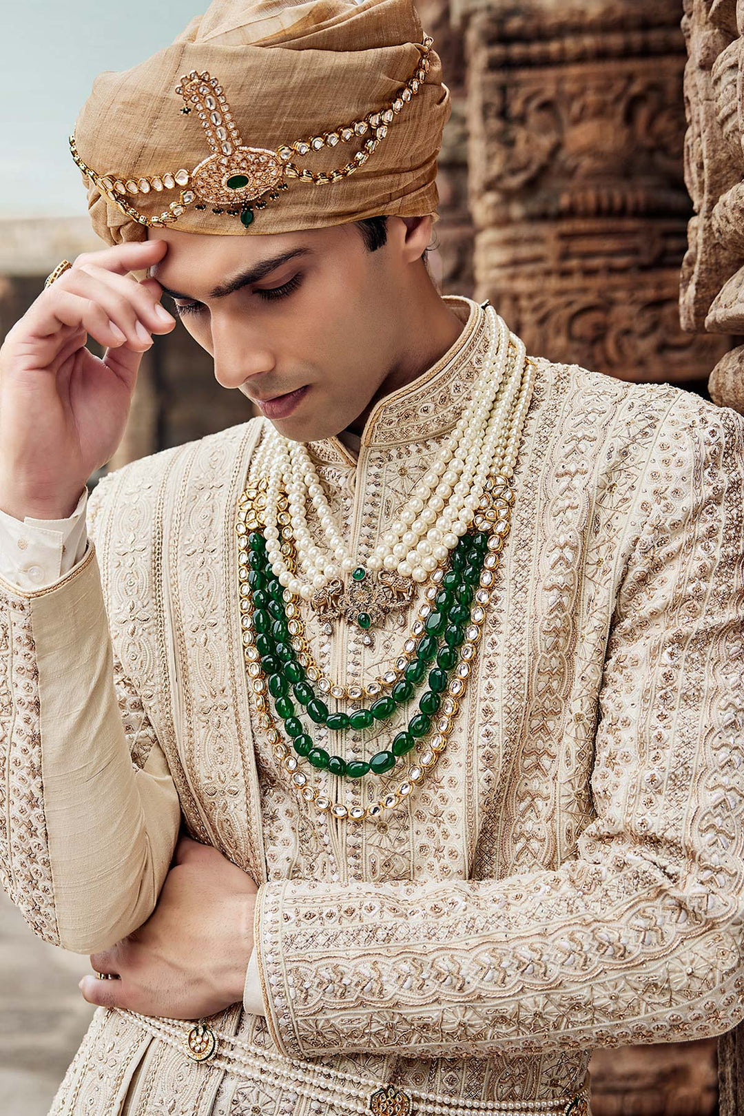 Cream Silk Sherwani, Embroidered Anarkali Kurta, and Churidaar.