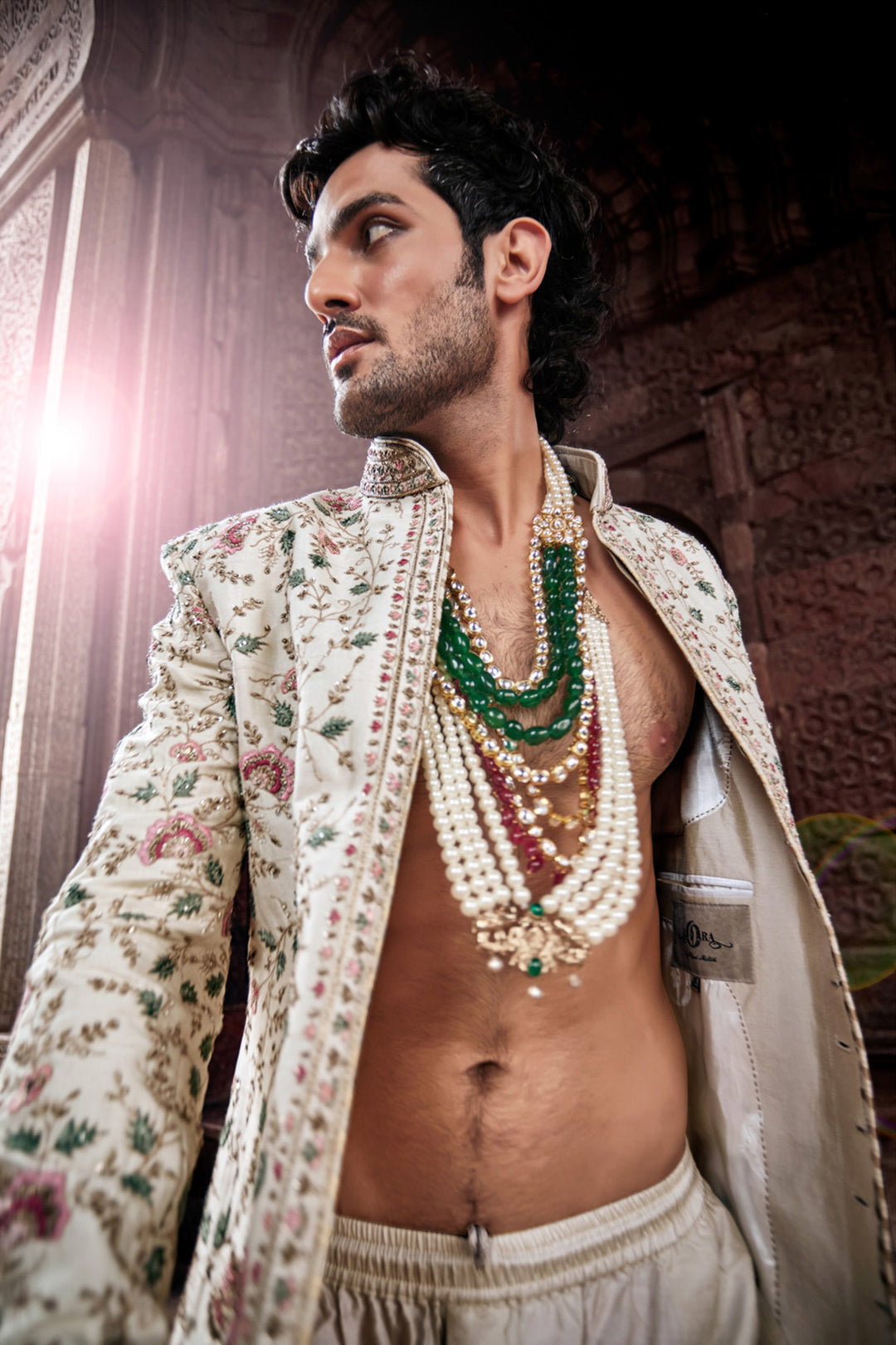 Beige Sherwani with Tesla Fabric, Embroidered Kurta and Churidaar.