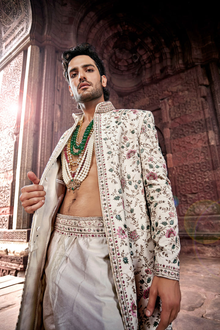 Beige Sherwani with Tesla Fabric, Embroidered Kurta and Churidaar.