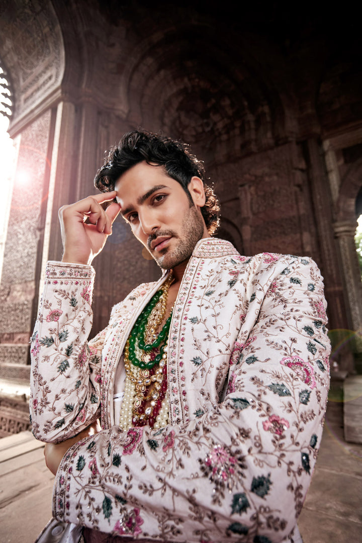 Beige Sherwani with Tesla Fabric, Embroidered Kurta and Churidaar.