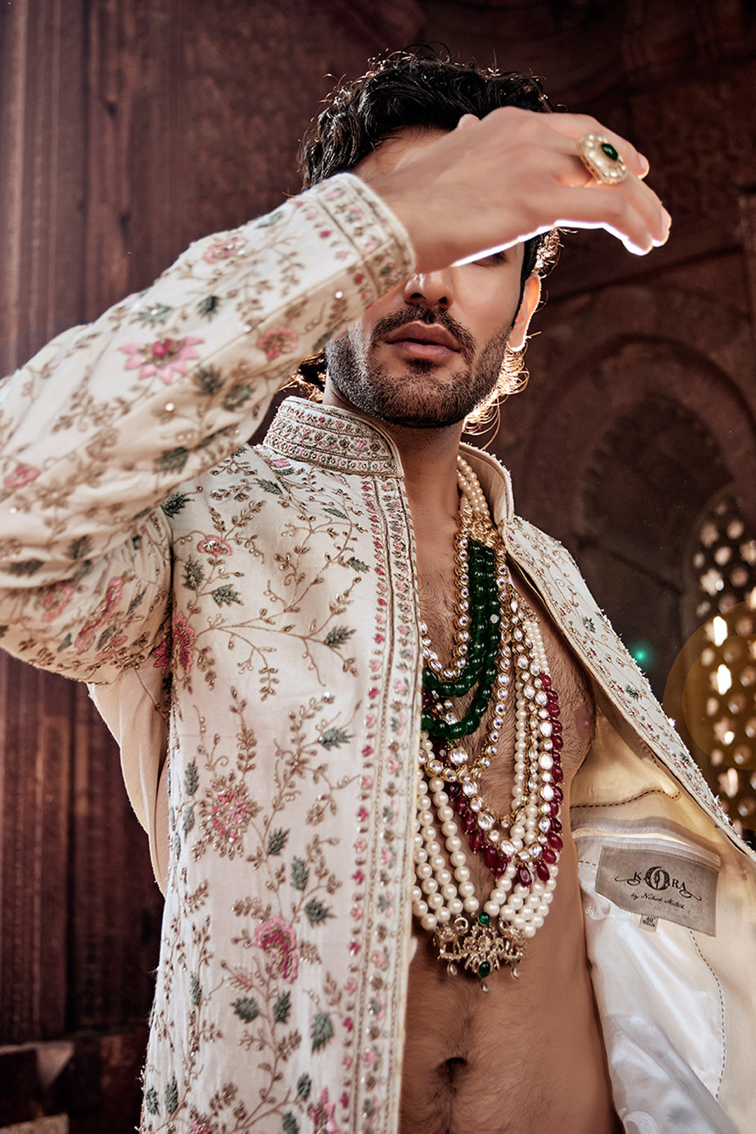 Beige Sherwani with Tesla Fabric, Embroidered Kurta and Churidaar.