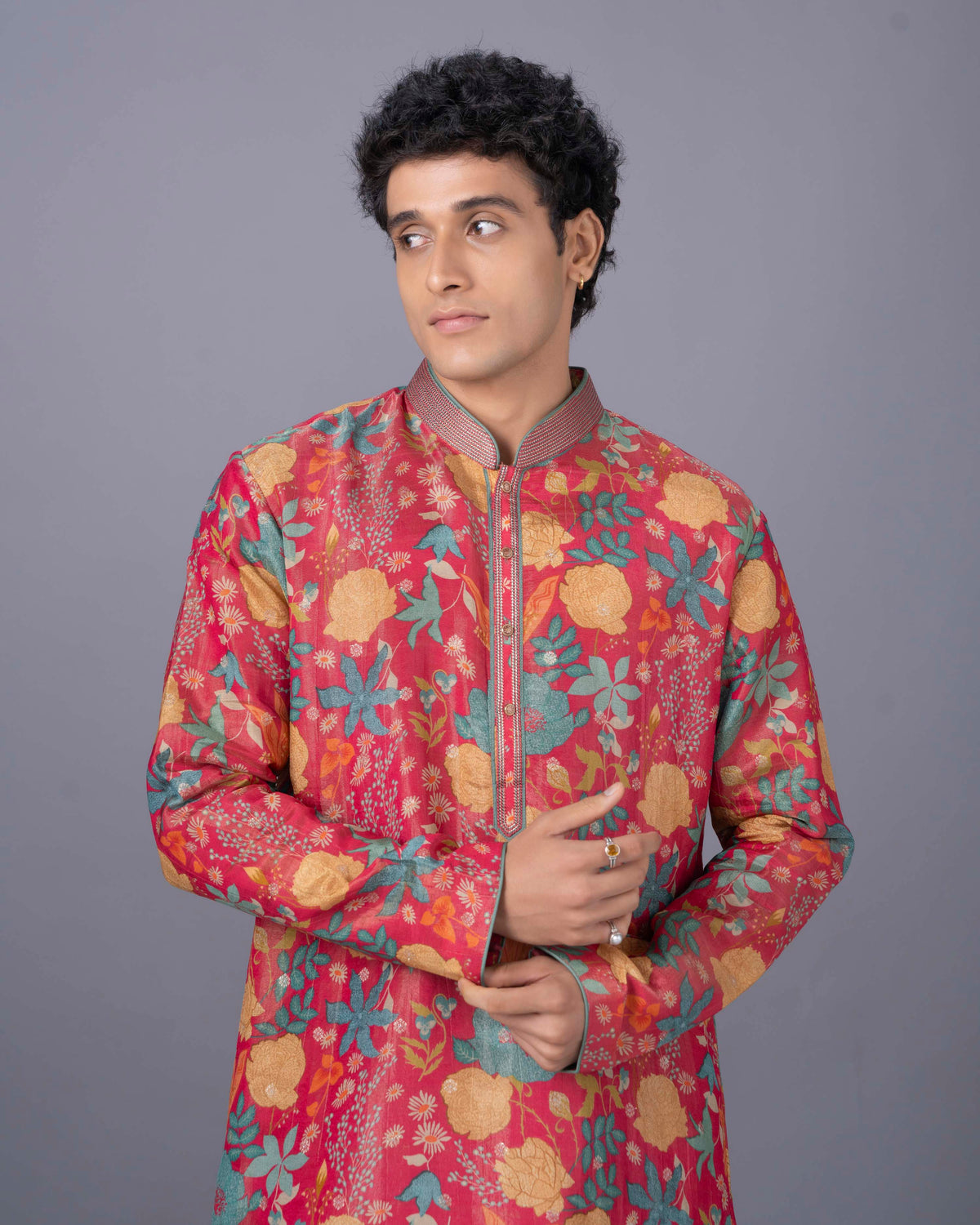 Pink Floral Printed Silk Kurta Set