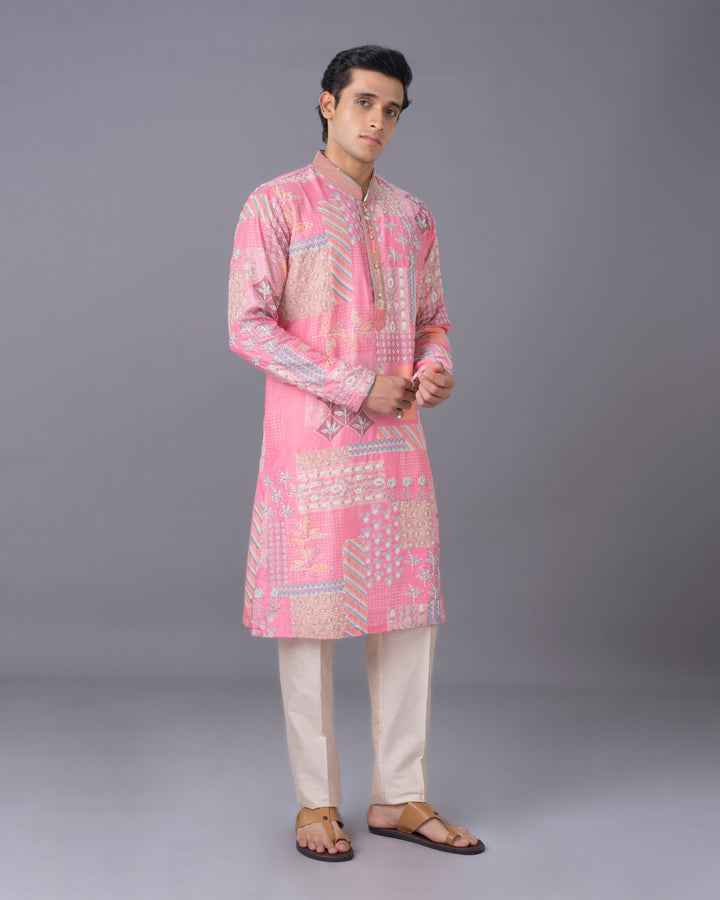 Artisanal Peach Silk Kurta Set