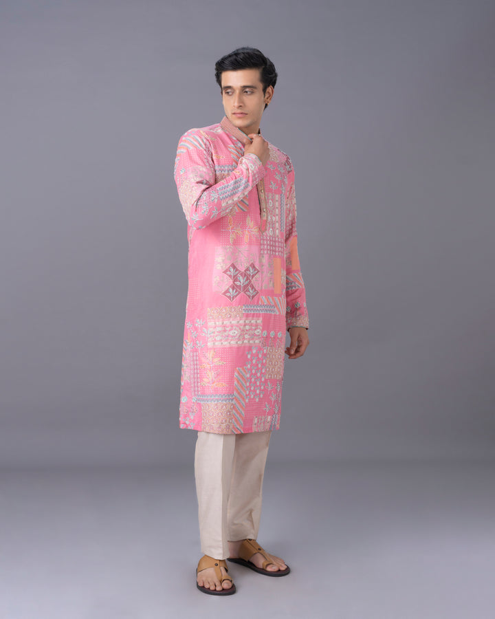 Artisanal Peach Silk Kurta Set
