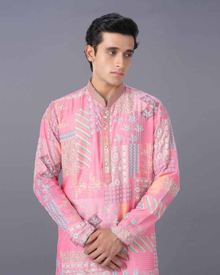 Artisanal Peach Silk Kurta Set