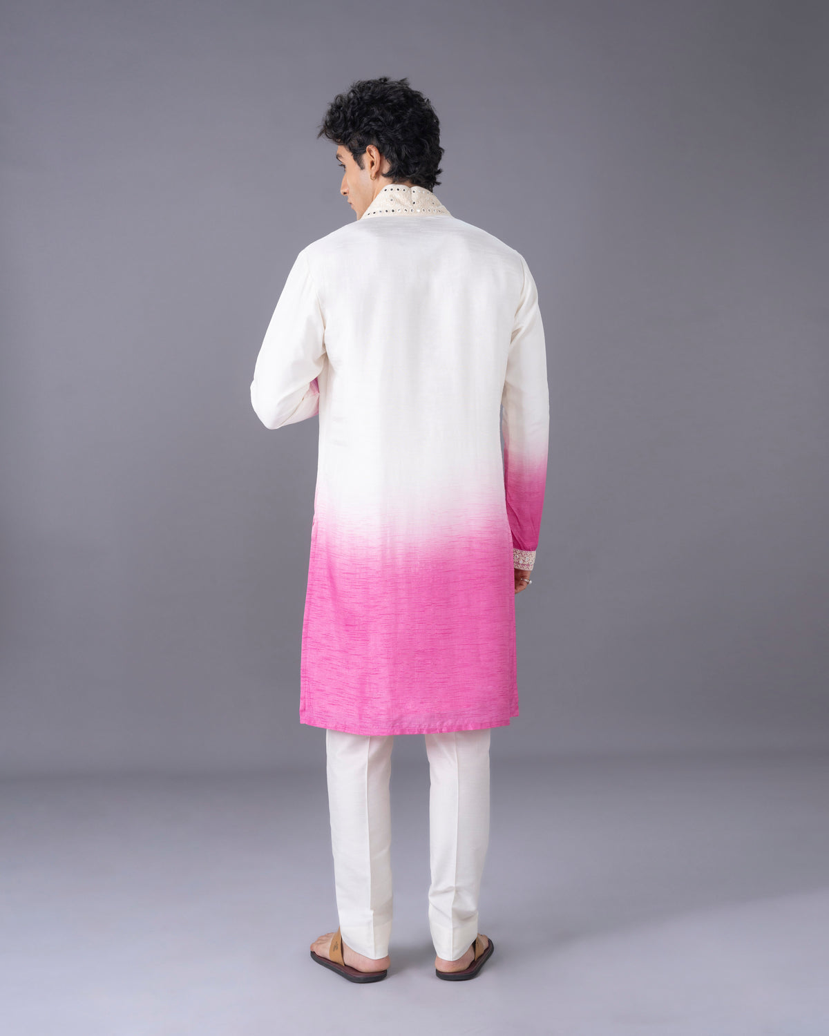 Cream & Pink Ombre Silk Kurta Set with Embroidery