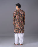 Black Silk Kurta Set with White Salwar for Men – Floral Printed Ethnic Wear - KORANM