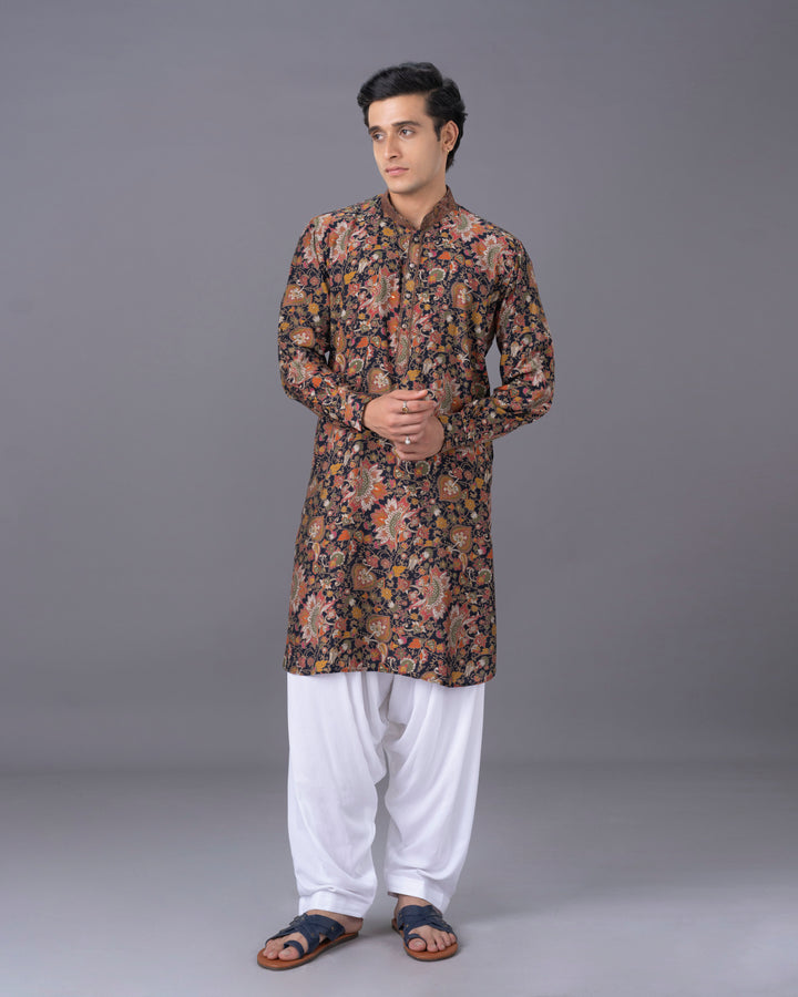 Printed Multicolour Silk Kurta Set