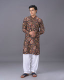 Black Silk Kurta Set with White Salwar for Men – Floral Printed Ethnic Wear - KORANM
