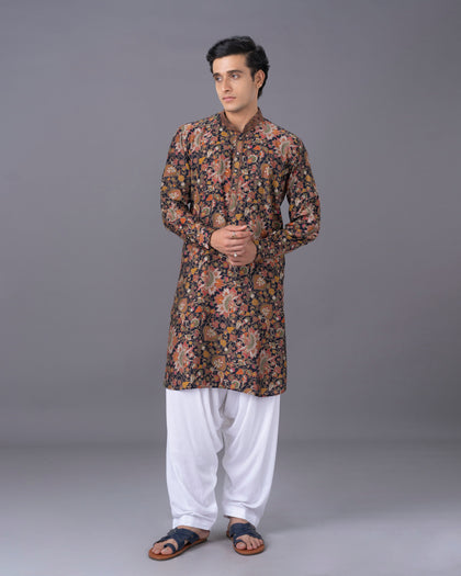 Black Silk Kurta Set with White Salwar for Men – Floral Printed Ethnic Wear