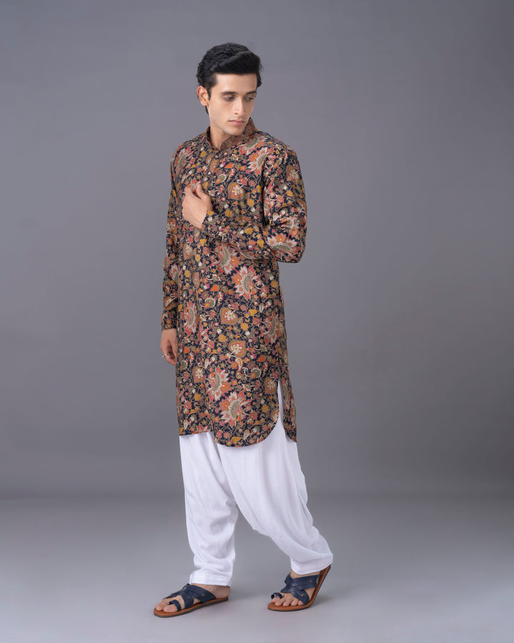 Printed Multicolour Silk Kurta Set