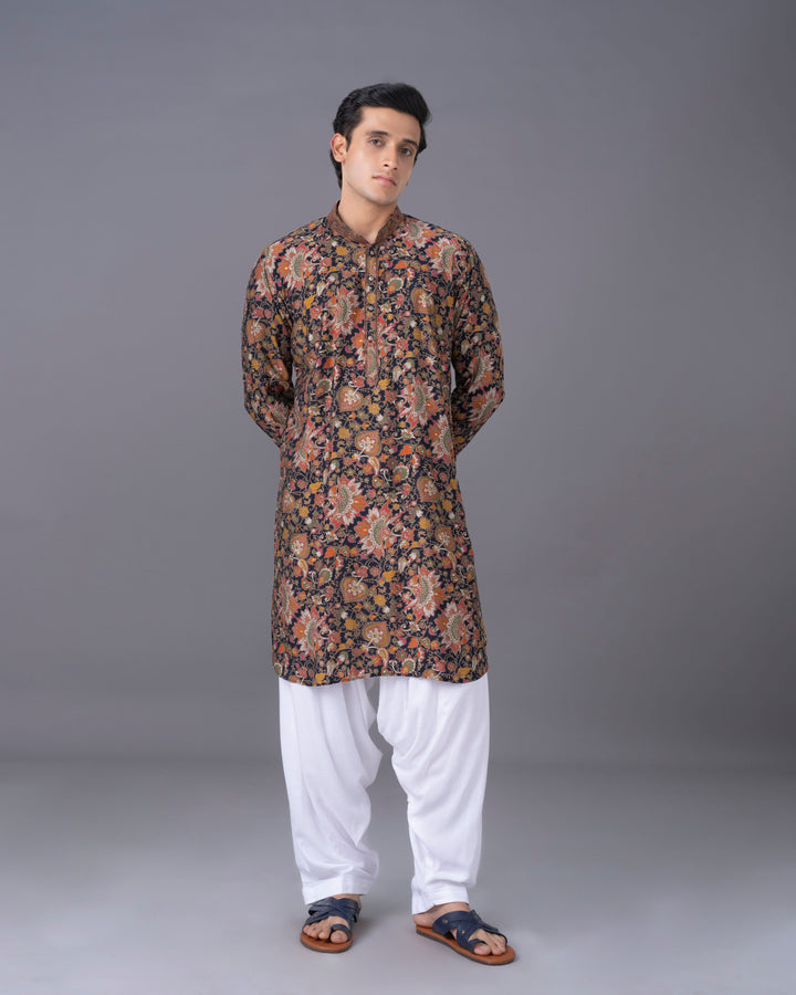 Printed Multicolour Silk Kurta Set