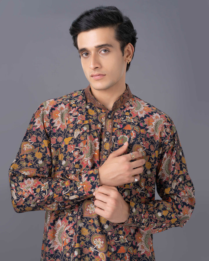 Printed Multicolour Silk Kurta Set