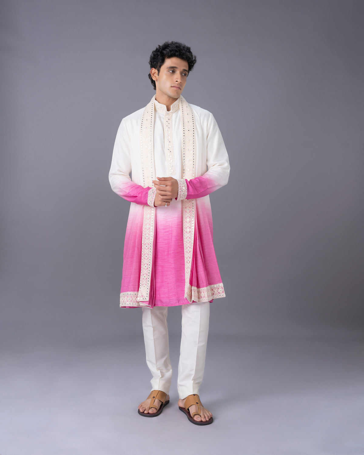 Cream & Pink Ombre Silk Kurta Set with Embroidery