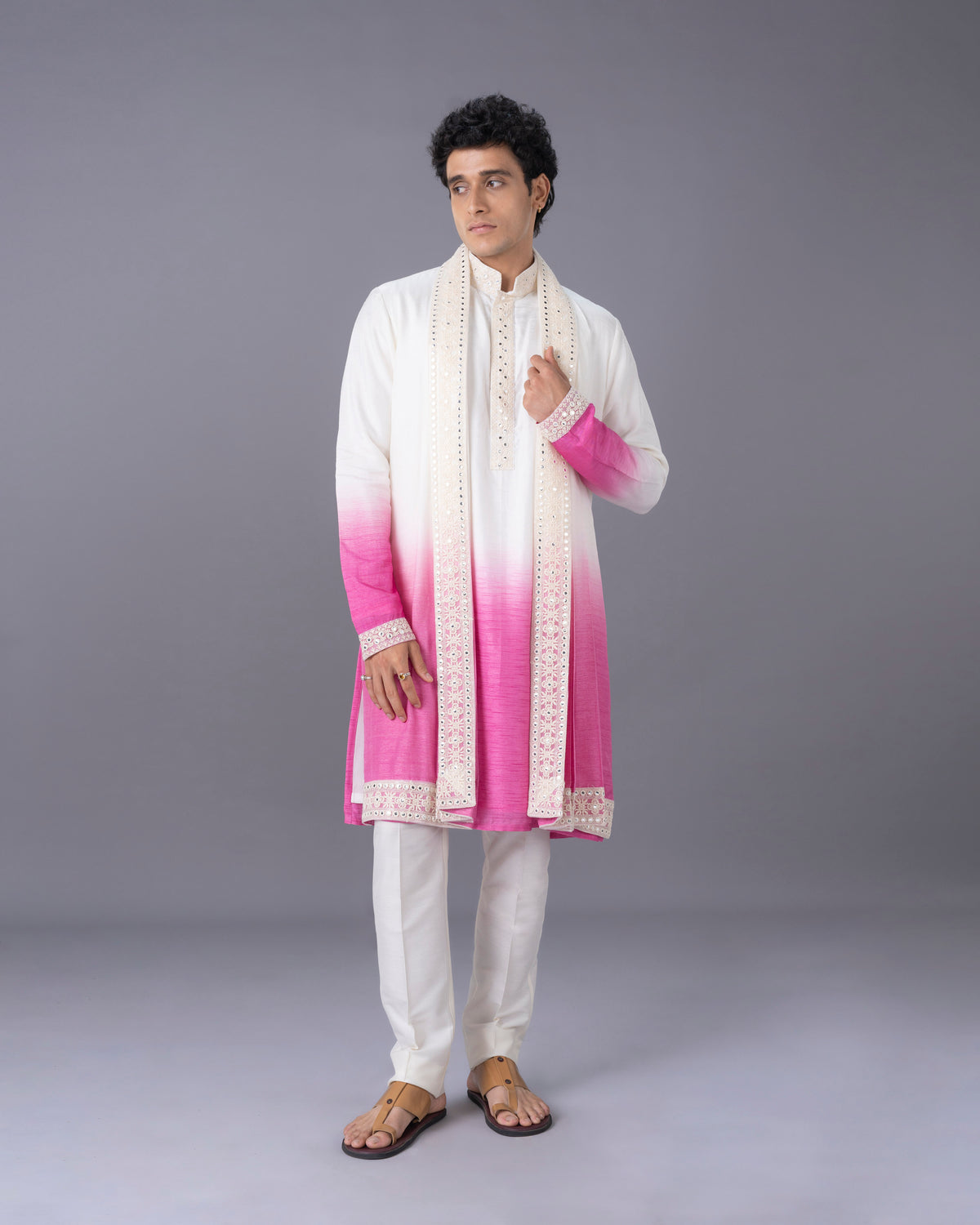 Cream & Pink Ombre Silk Kurta Set with Embroidery