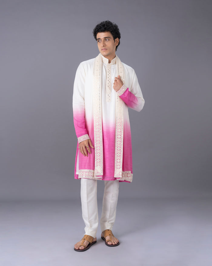 Cream & Pink Ombre Silk Kurta Set with Embroidery