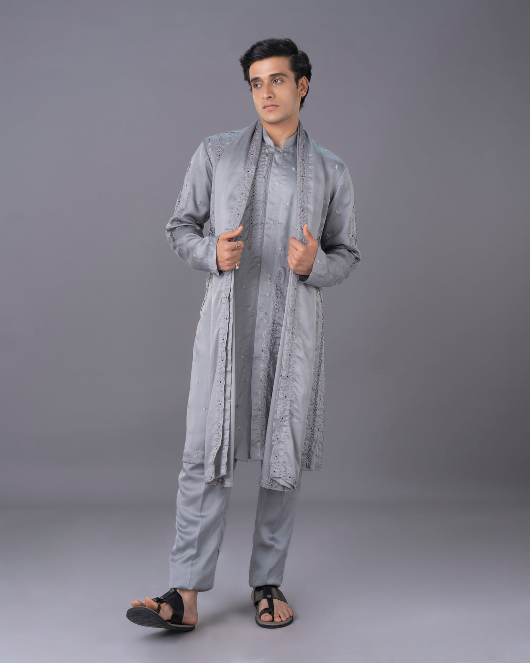 Ethereal Grey Embroidred Silk Kurta Set