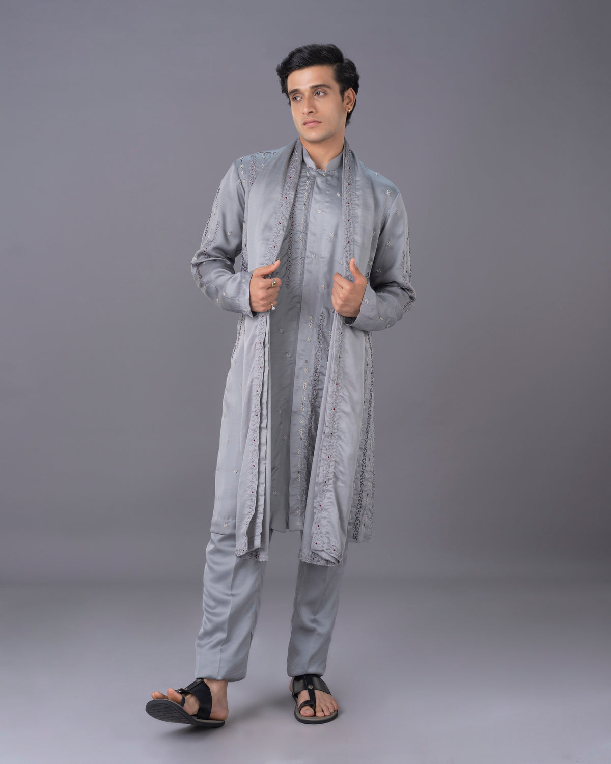 Ethereal Grey Embroidred Silk Kurta Set