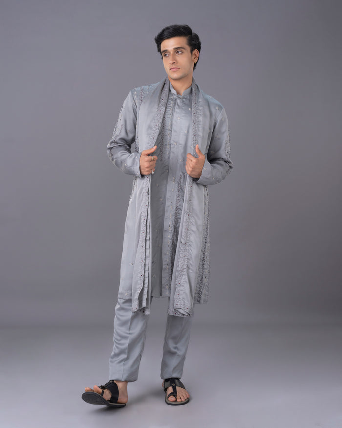 Ethereal Grey Embroidred Silk Kurta Set